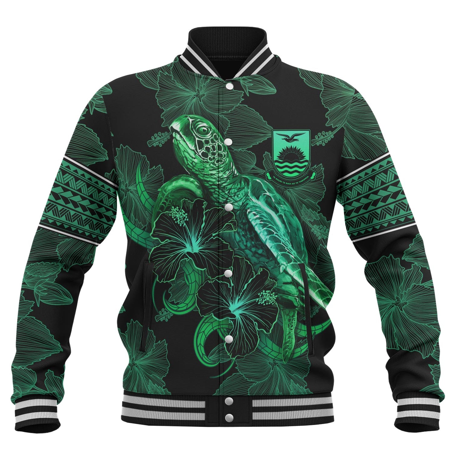 Kiribati Baseball Jacket  Sea Turtle With Blooming Hibiscus Flowers Tribal Green