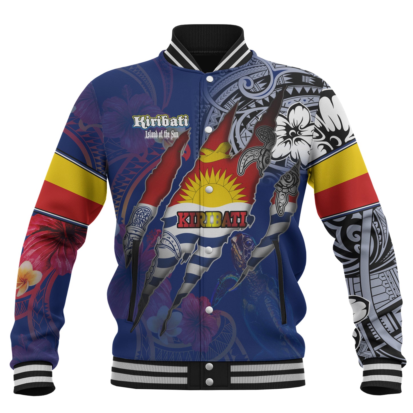 Kiribati Baseball Jacket Custom Gilbertese Blood Inside Me Polynesian Sleeve Tattoo Tropical Blue
