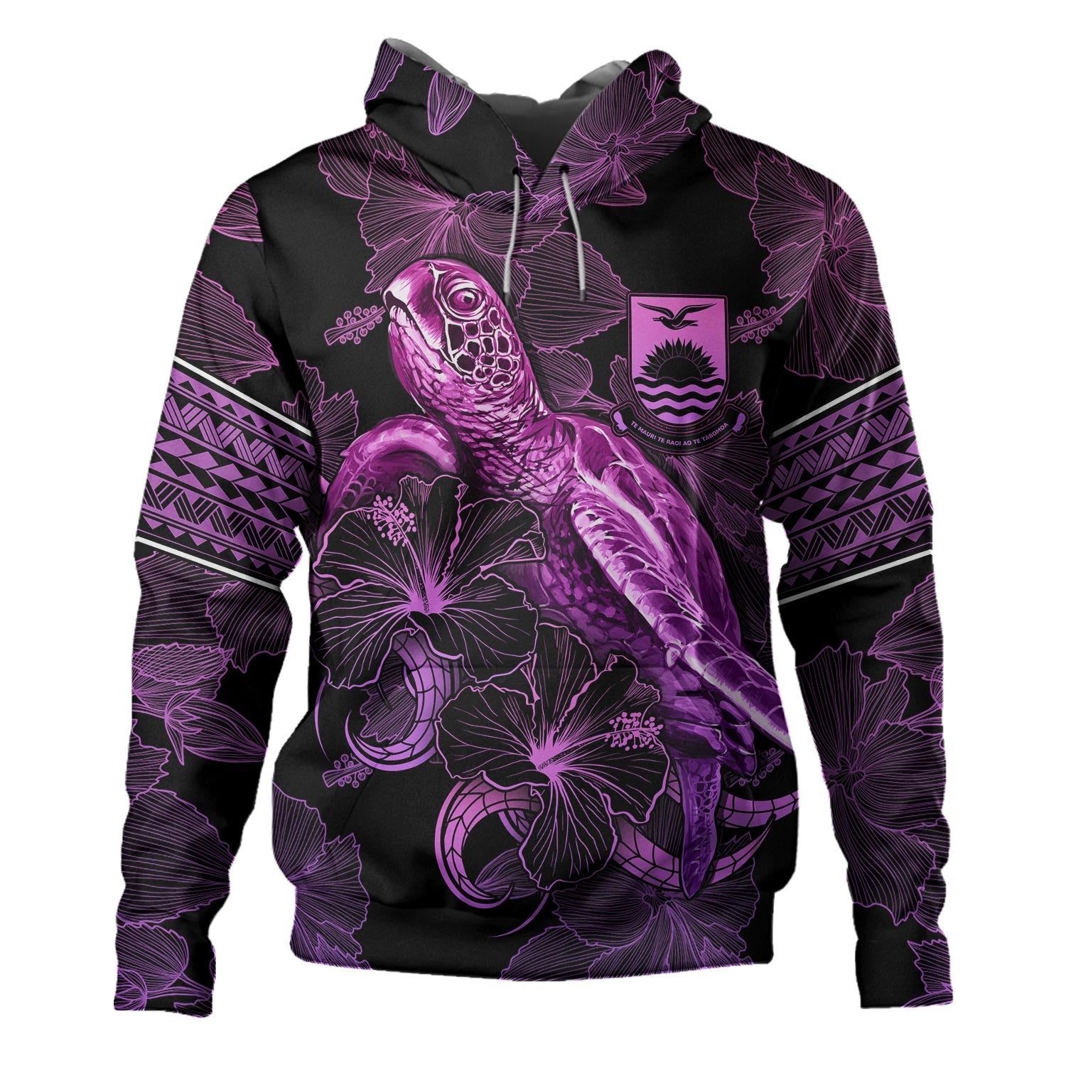 Kiribati Hoodie Sea Turtle With Blooming Hibiscus Flowers Tribal Purple