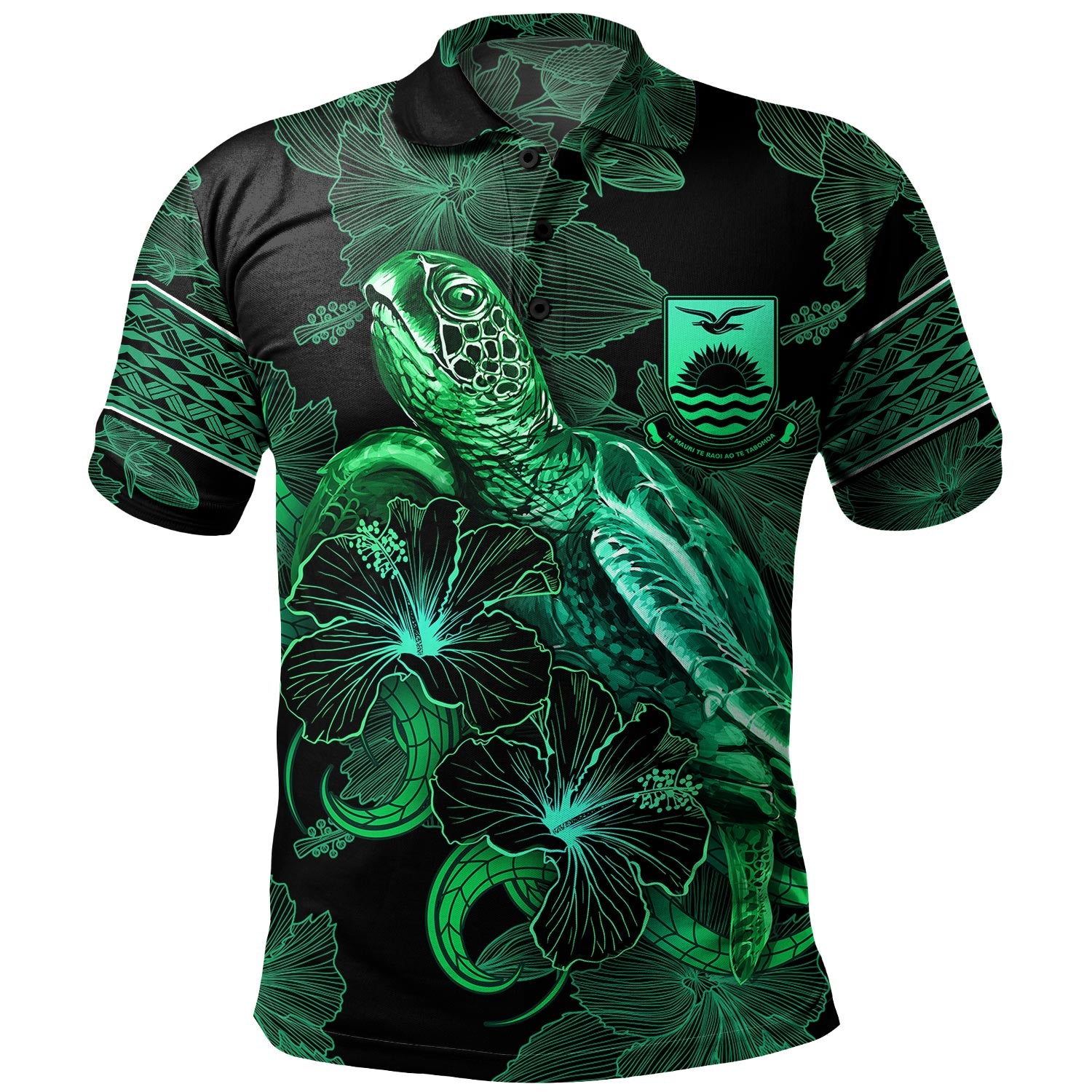 Kiribati Polo Shirt  Sea Turtle With Blooming Hibiscus Flowers Tribal Green
