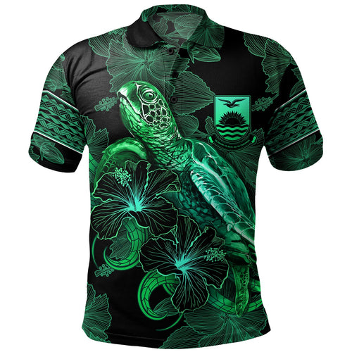 Kiribati Polo Shirt  Sea Turtle With Blooming Hibiscus Flowers Tribal Green
