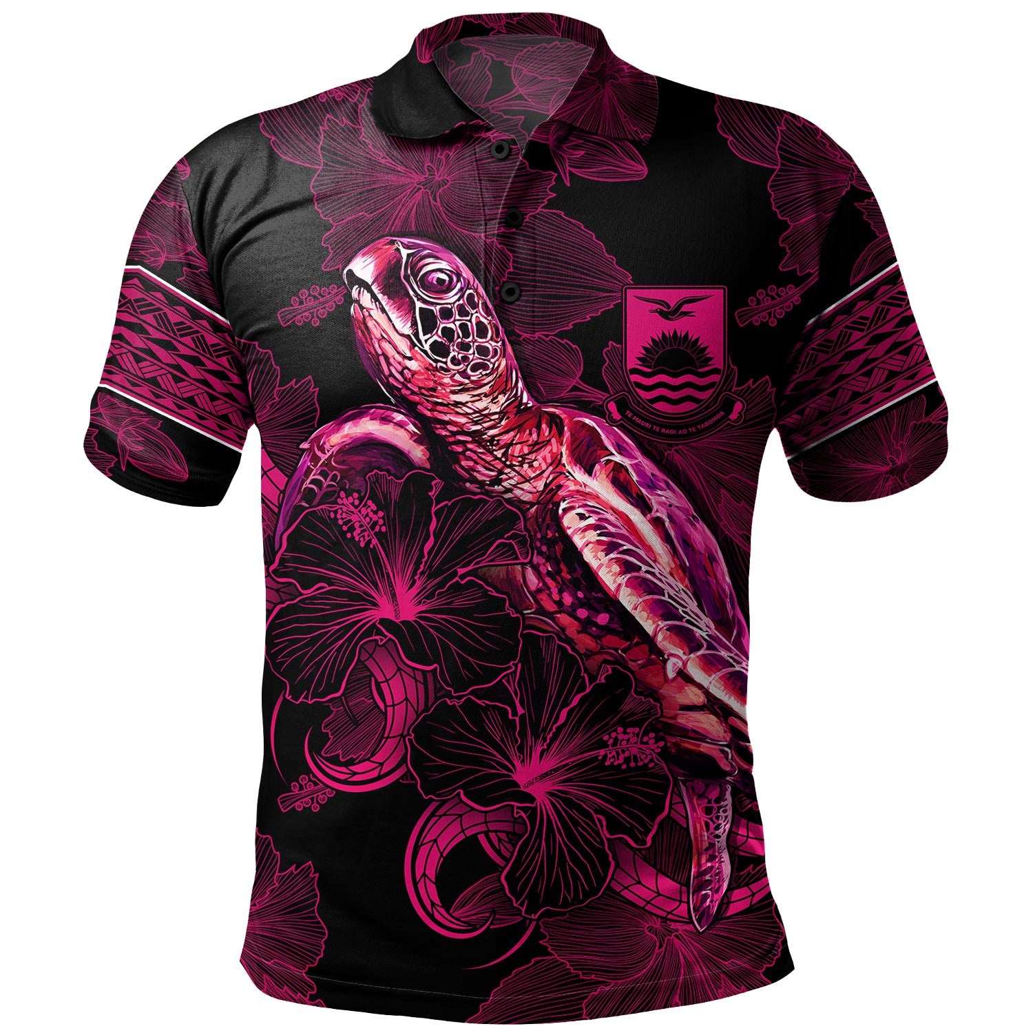 Kiribati Polo Shirt Sea Turtle With Blooming Hibiscus Flowers Tribal Maroon