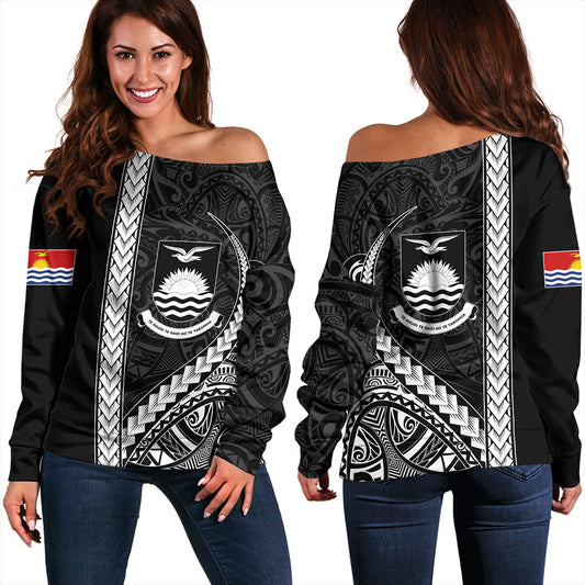 Kiribati Off Shoulder Sweatshirt Tribal Micronesian Coat Of Arms