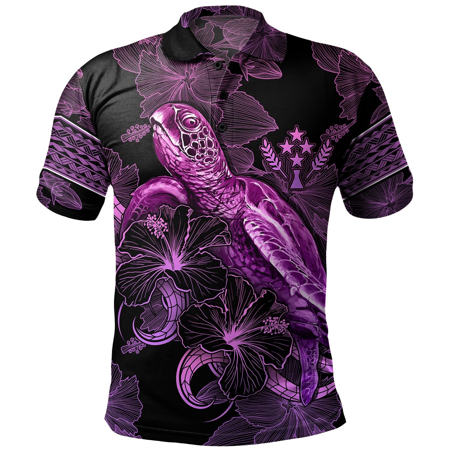 Kosrae Polo Shirt Sea Turtle With Blooming Hibiscus Flowers Tribal Purple