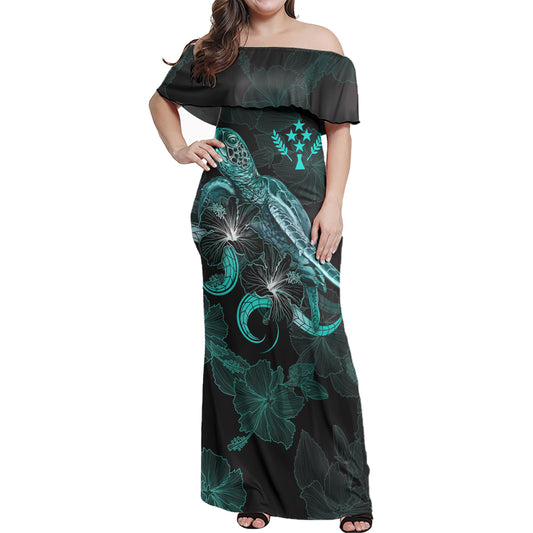 Kosrae Woman Off Shoulder Long Dress - Kosrae Coat Of Arms With Polynesian Turtle Blooming Hibiscus Turquoise