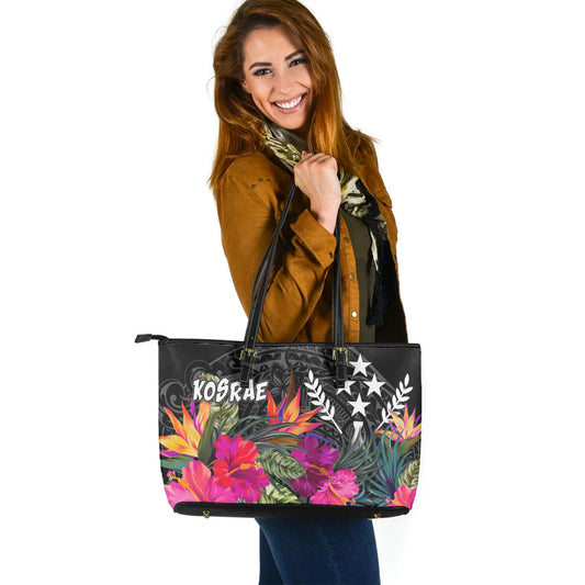 Kosrae Custom Personalised Leather Tote Polynesian Hibiscus Pattern
