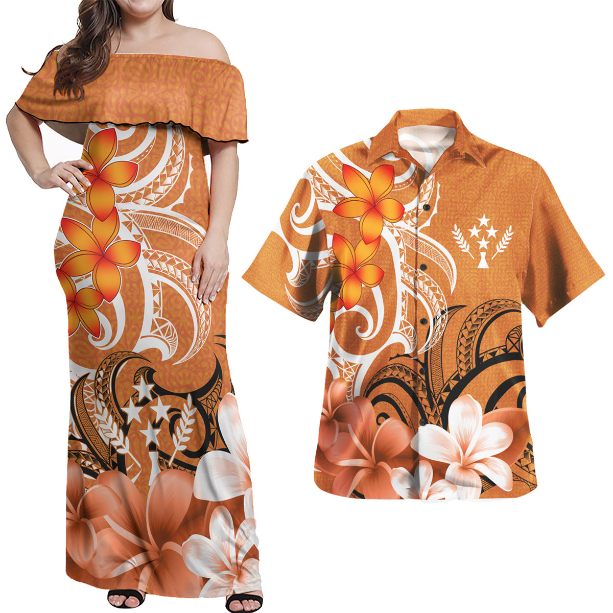 Kosrae Polynesian Pattern Combo Dress And Shirt - Floral Spirit Orange