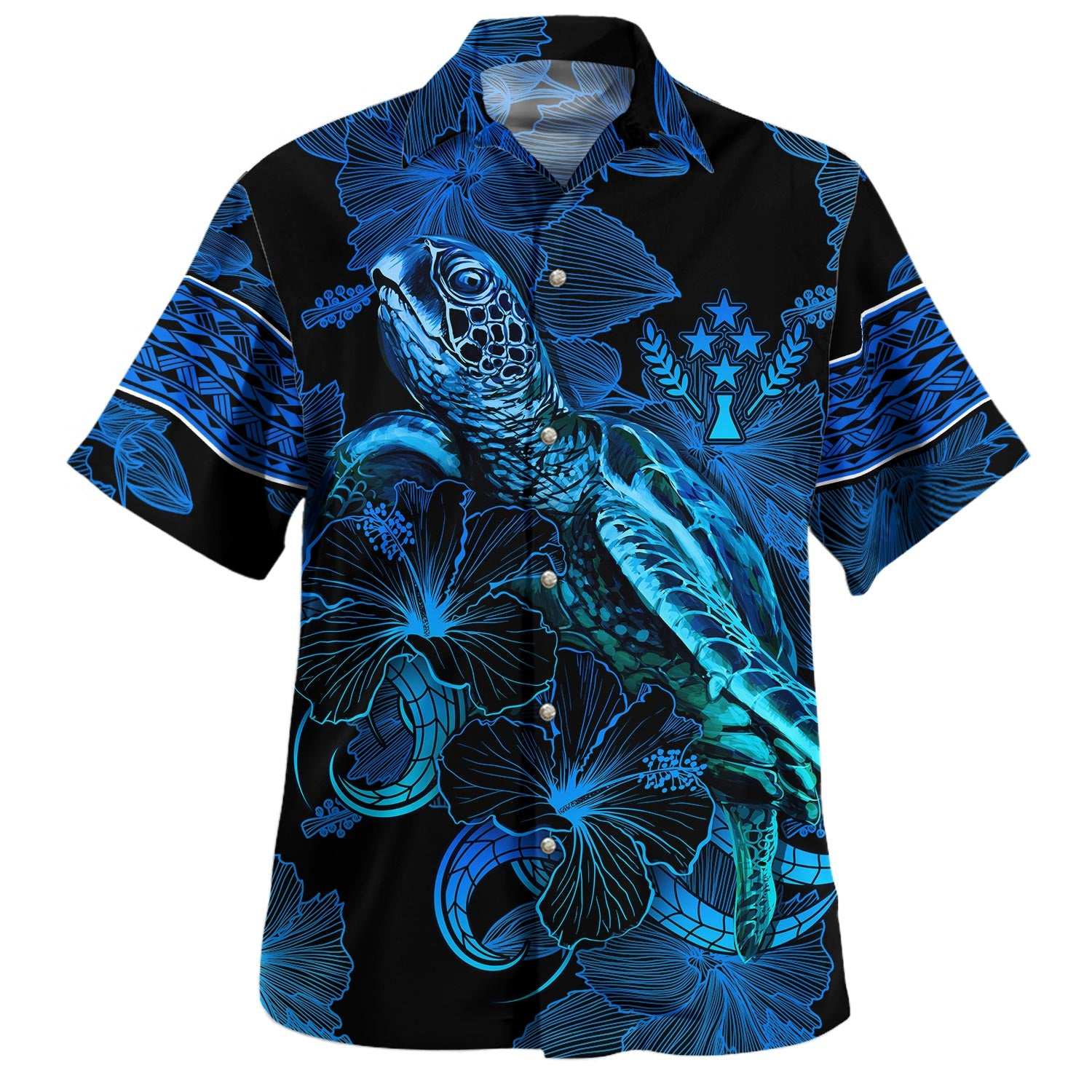 Pohnpei State Hawaiian Shirt Sea Turtle With Blooming Hibiscus Flowers Tribal Blue