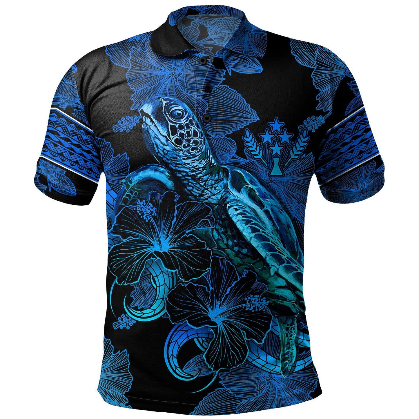 Kosrae Polo Shirt Sea Turtle With Blooming Hibiscus Flowers Tribal Blue