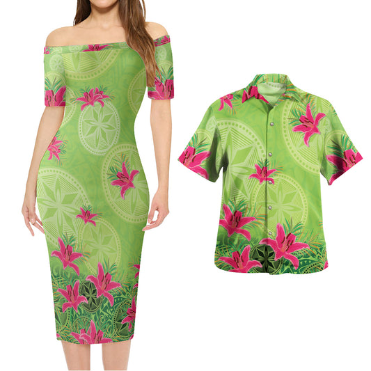 Hawaii Combo Short Sleeve Dress And Shirt Lilies With Polynesian Pattern