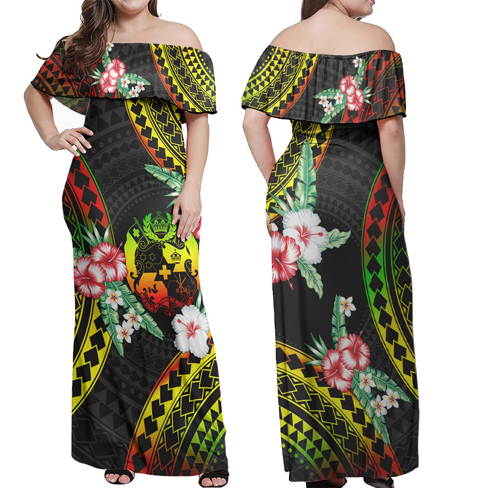 Tonga Combo Off Shoulder Long Dress And Shirt Polynesian Pattern Reggae Color Hibiscus Flowers
