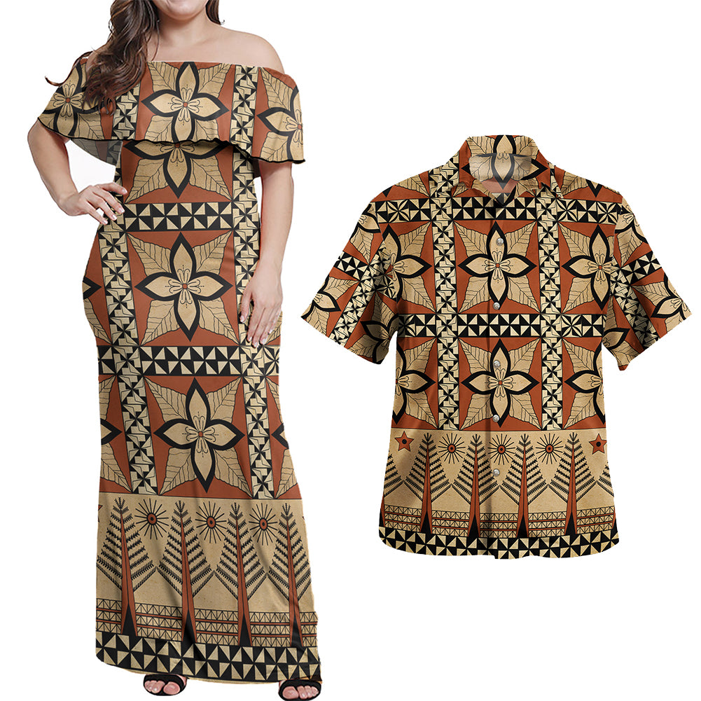 Tonga Combo Off Shoulder Long Dress And Shirt Tapa Motif