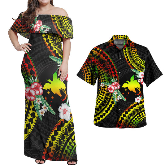 Papua New Guinea Combo Off Shoulder Long Dress And Shirt Polynesian Pattern Reggae Color Hibiscus Flowers