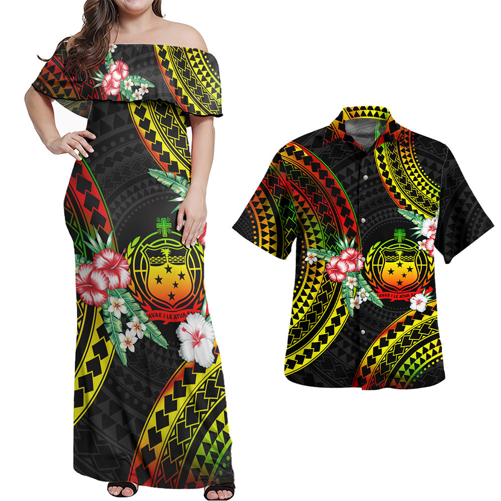 Samoa Combo Off Shoulder Long Dress And Shirt Polynesian Pattern Reggae Color Hibiscus Flowers