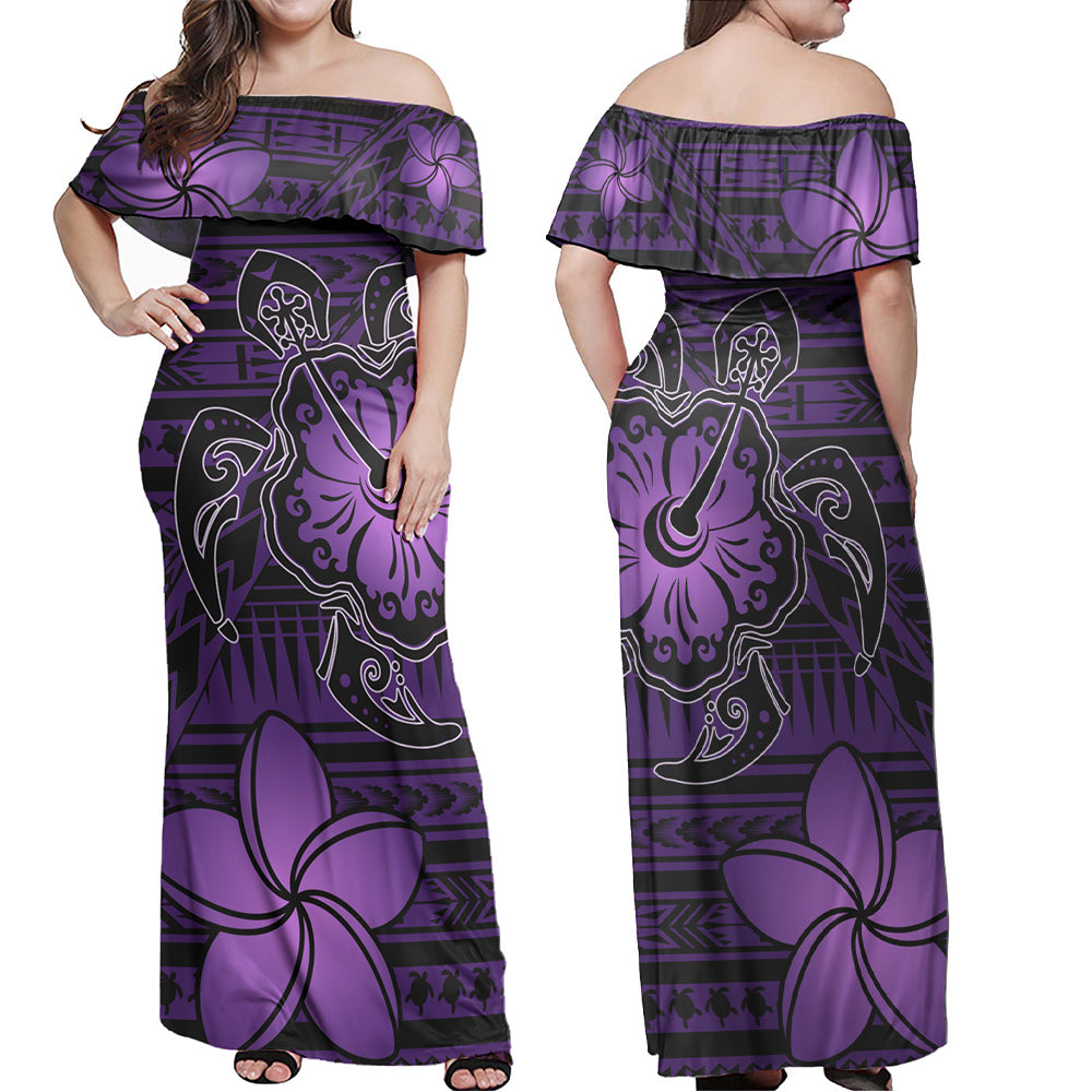 Hawaii Combo Off Shoulder Long Dress And Shirt Hibiscus Turle With Plumeria Flowers