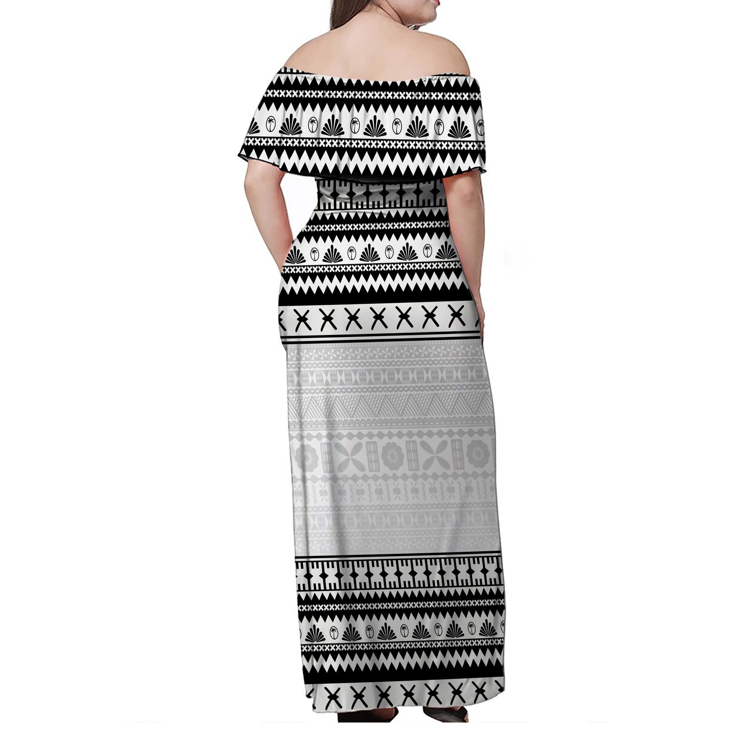 Fiji Woman Off Shoulder Long Dress Fijian Masi Pattern Palm Style