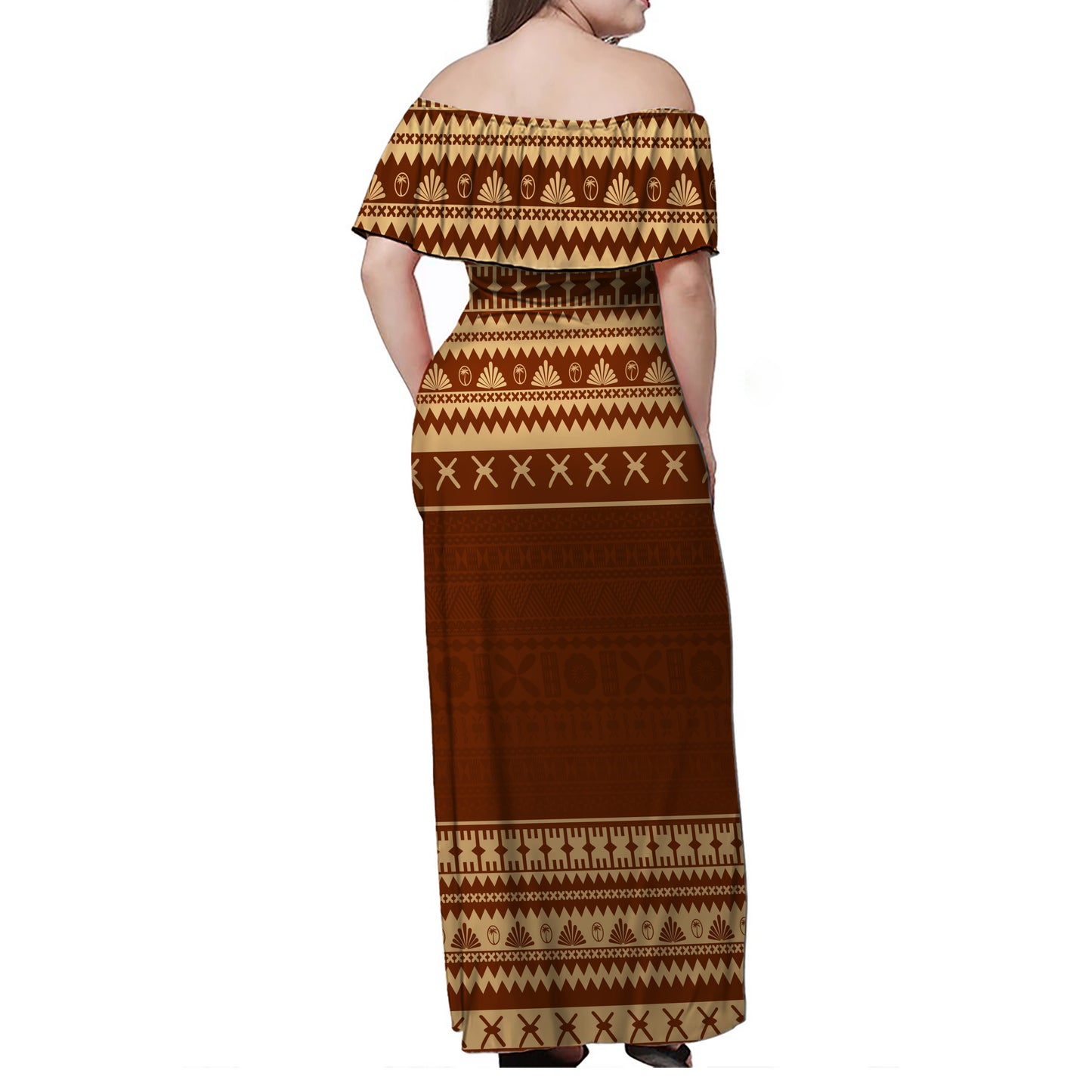 Fiji Woman Off Shoulder Long Dress Fijian Masi Pattern Palm Style
