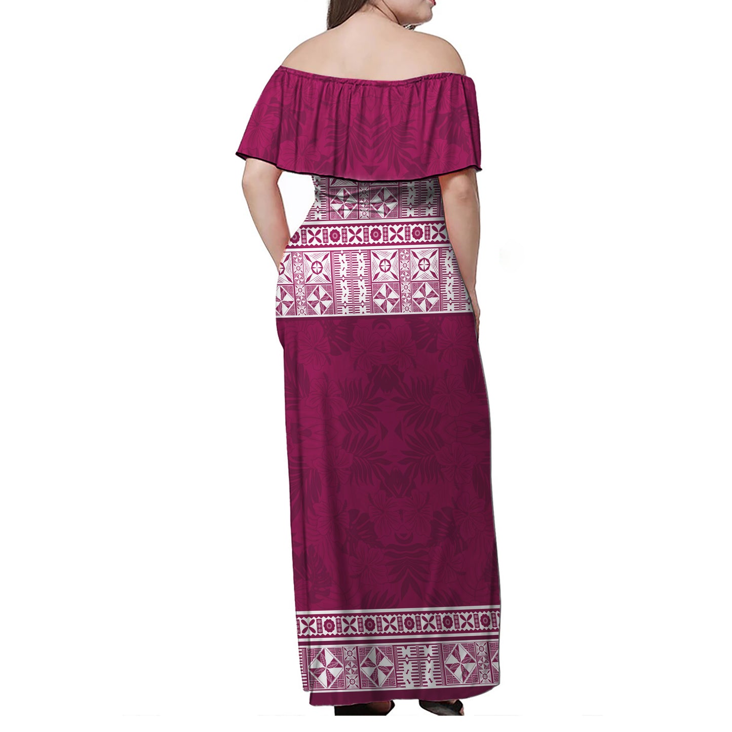 Fiji Woman Off Shoulder Long Dress Traditional Fijian Masi Pink Color