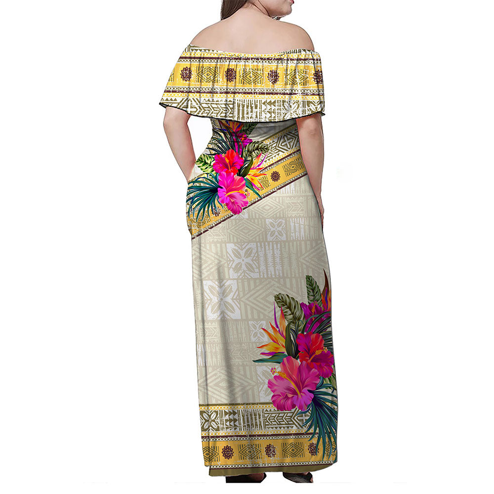 Fiji Woman Off Shoulder Long Dress Fijian Masi Tapa Tropical Bouquet Design