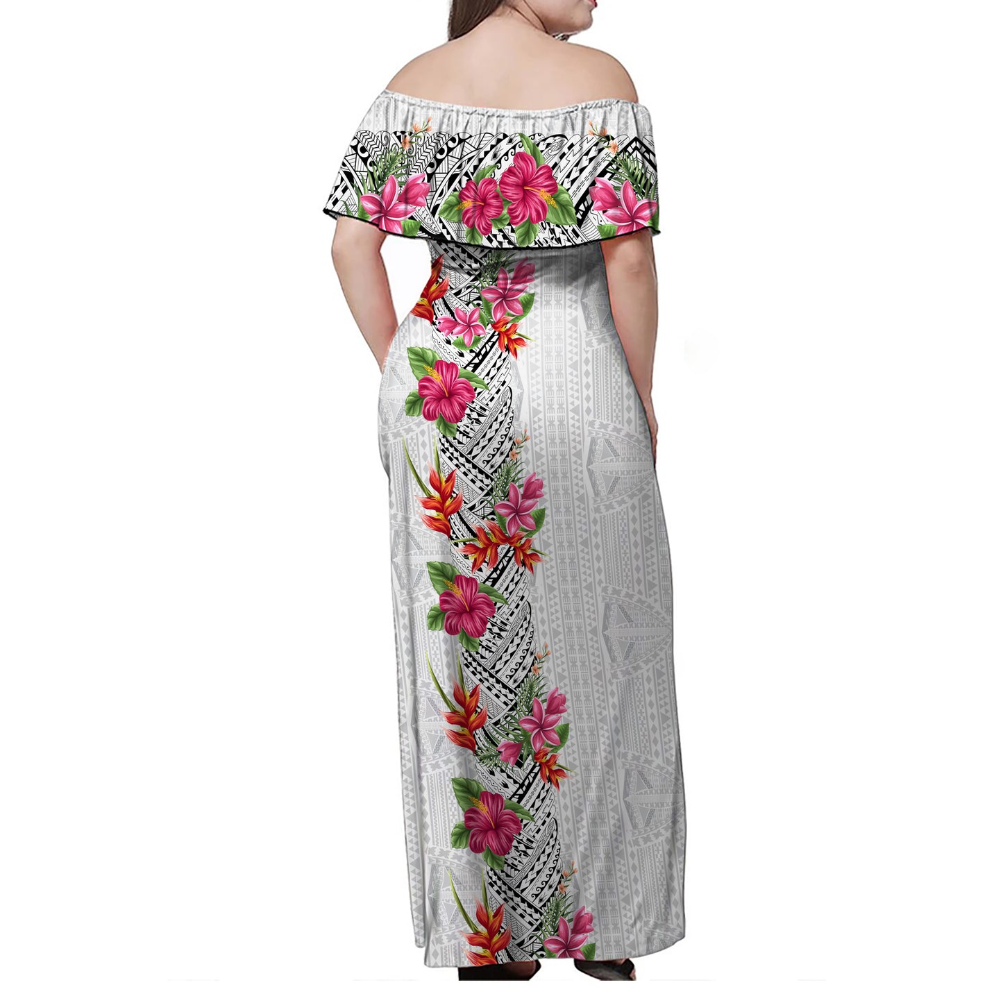 Fiji Woman Off Shoulder Long Dress Tropical Flowers Tapa Design