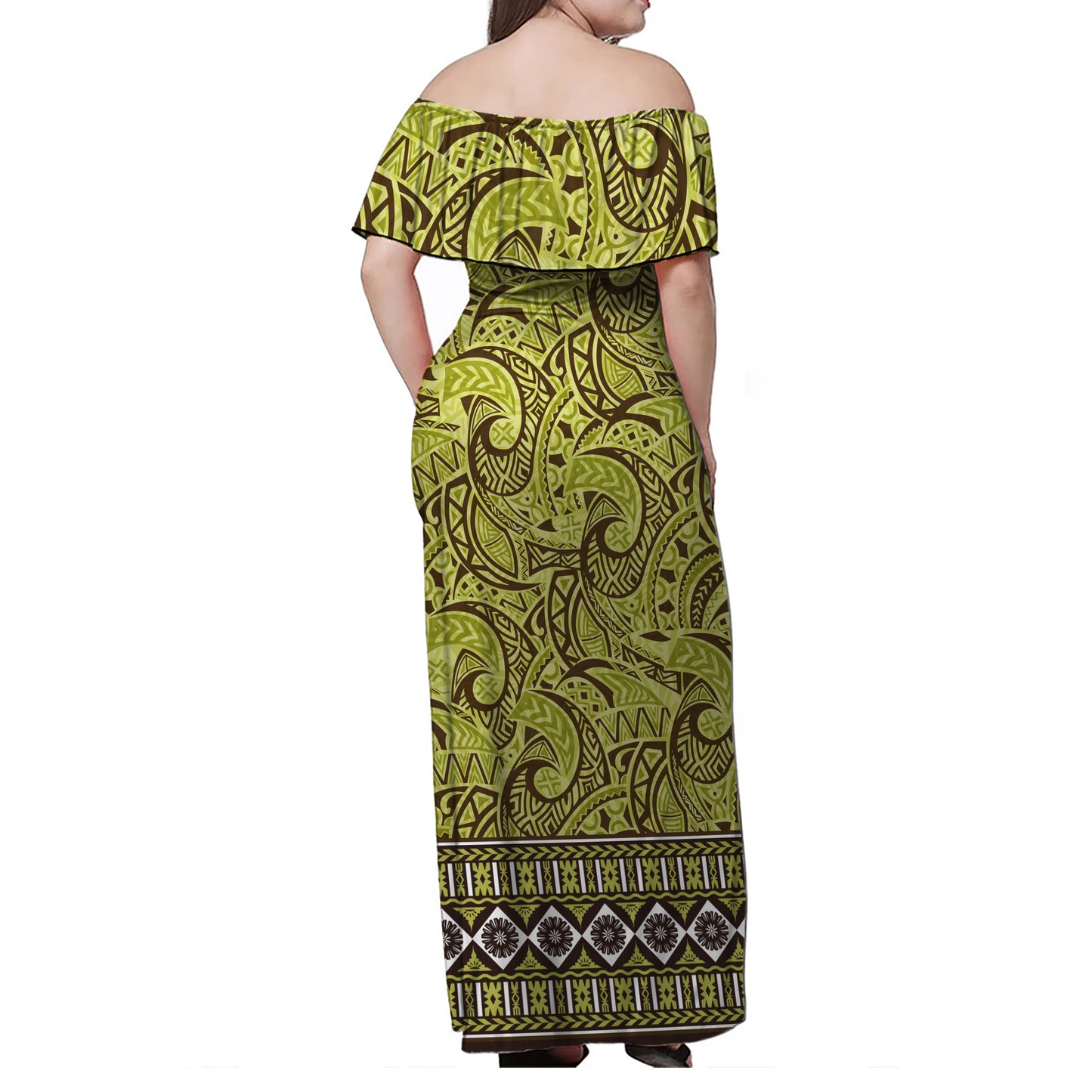 Fiji Woman Off Shoulder Long Dress Green Color Tapa Design