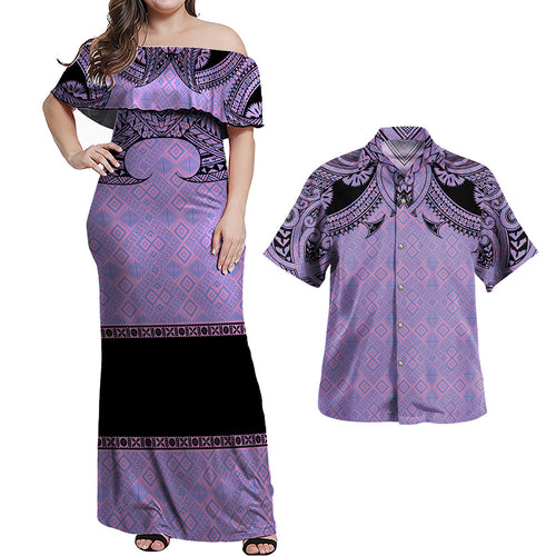 Fiji Combo Off Shoulder Long Dress And Shirt Fijian Masi Pacific Tribal Designs ( Purple Color )