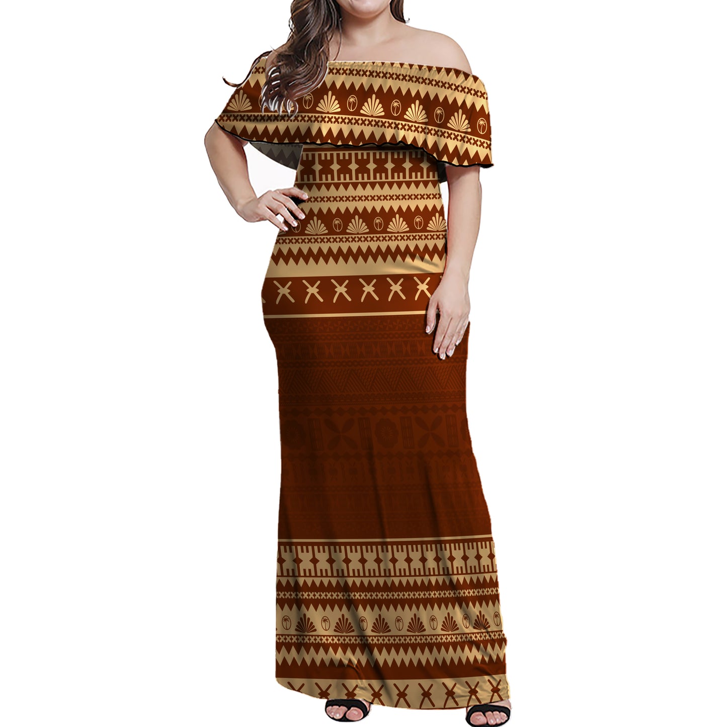 Fiji Woman Off Shoulder Long Dress Fijian Masi Pattern Palm Style