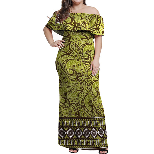 Fiji Woman Off Shoulder Long Dress Green Color Tapa Design