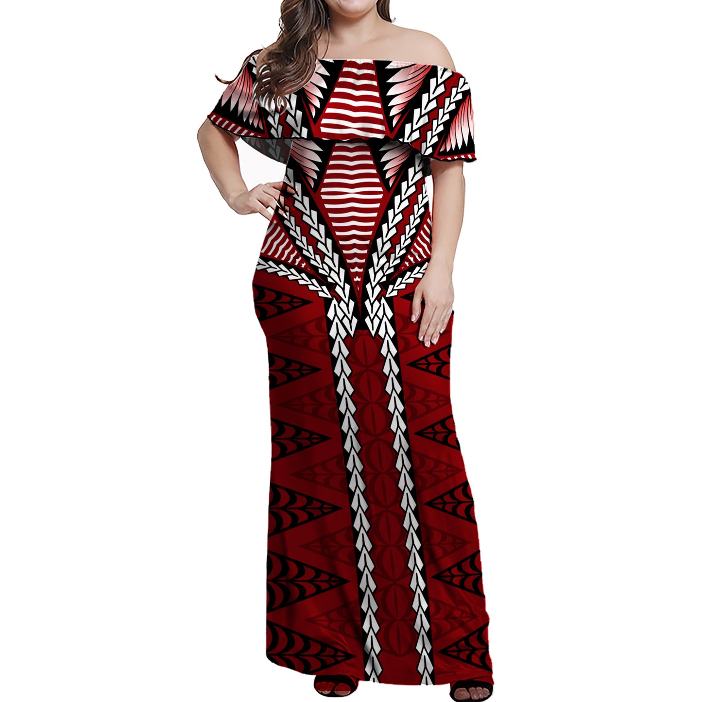 Tonga Off Shoulder Long Dress Tongan Ngatu Pattern