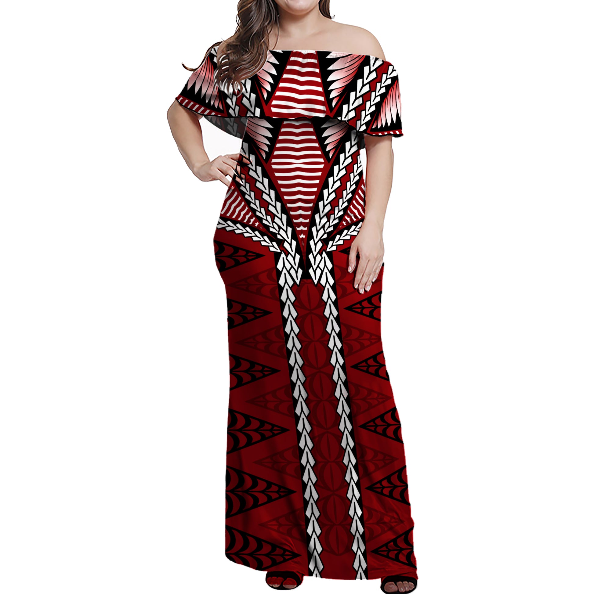 Tonga Off Shoulder Long Dress Tongan Ngatu Pattern