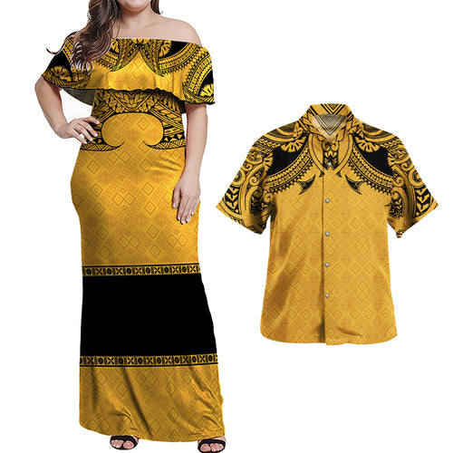 Fiji Combo Off Shoulder Long Dress And Shirt Fijian Masi Pacific Tribal Designs ( Yellow Color )