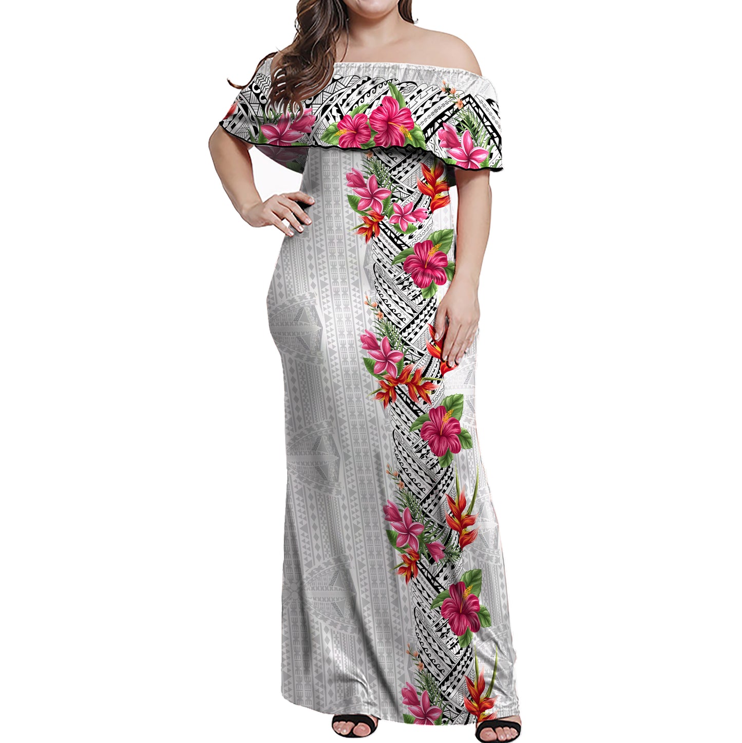 Fiji Woman Off Shoulder Long Dress Tropical Flowers Tapa Design