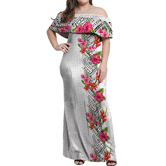 Fiji Woman Off Shoulder Long Dress Tropical Flowers Tapa Design