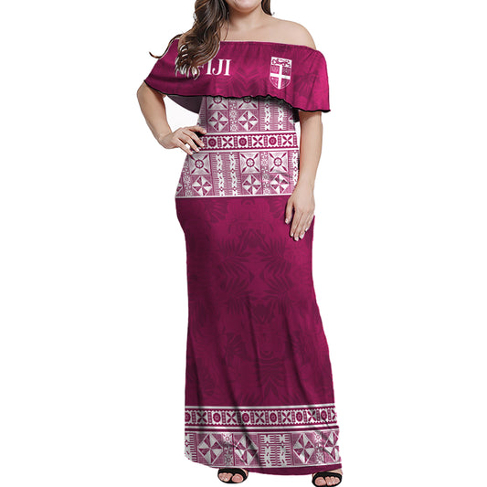 Fiji Woman Off Shoulder Long Dress Traditional Fijian Masi Pink Color