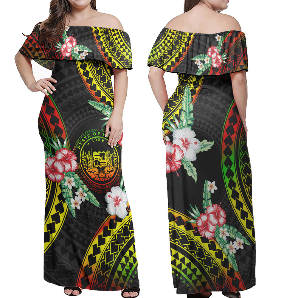Hawaii Combo Off Shoulder Long Dress And Shirt Polynesian Pattern Reggae Color Hibiscus Flowers