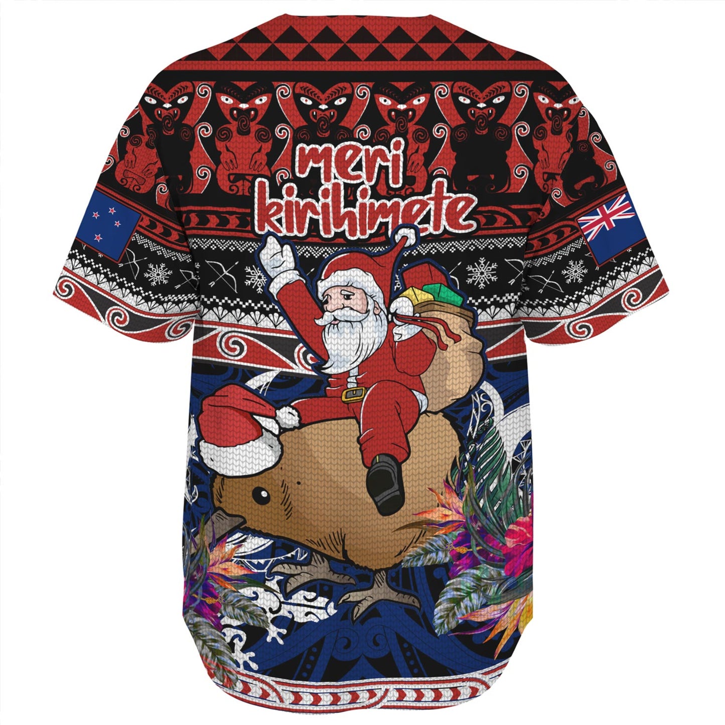 New Zealand Baseball Shirt Santa Riding Kiwi Bird Meri Kirihimete Ugly Christmas Maori Patterns