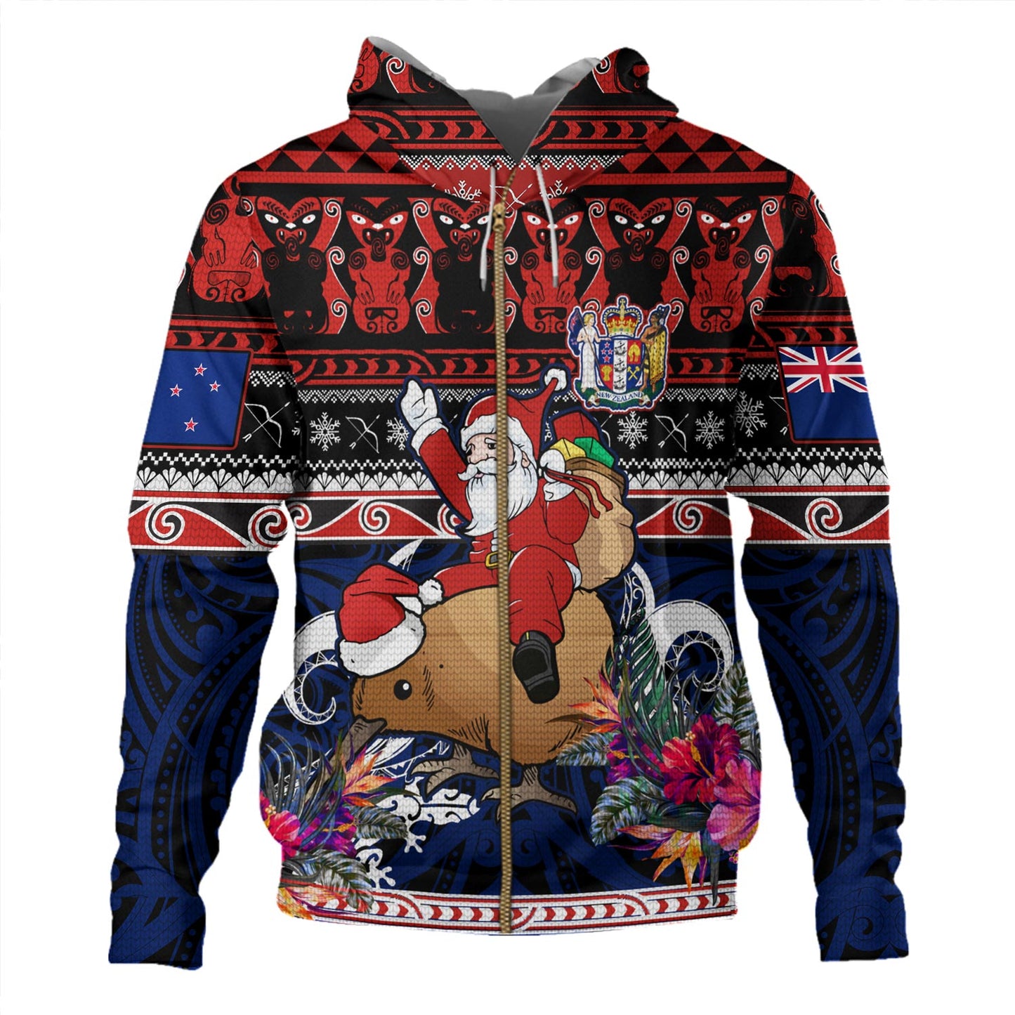 New Zealand Hoodie Santa Riding Kiwi Bird Meri Kirihimete Ugly Christmas Maori Patterns