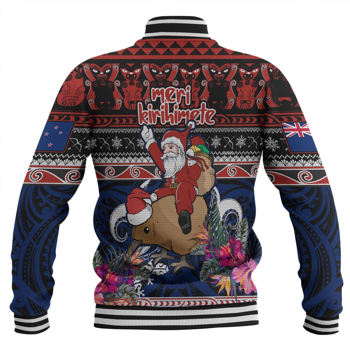 New Zealand Baseball Jacket Santa Riding Kiwi Bird Meri Kirihimete Ugly Christmas Maori Patterns