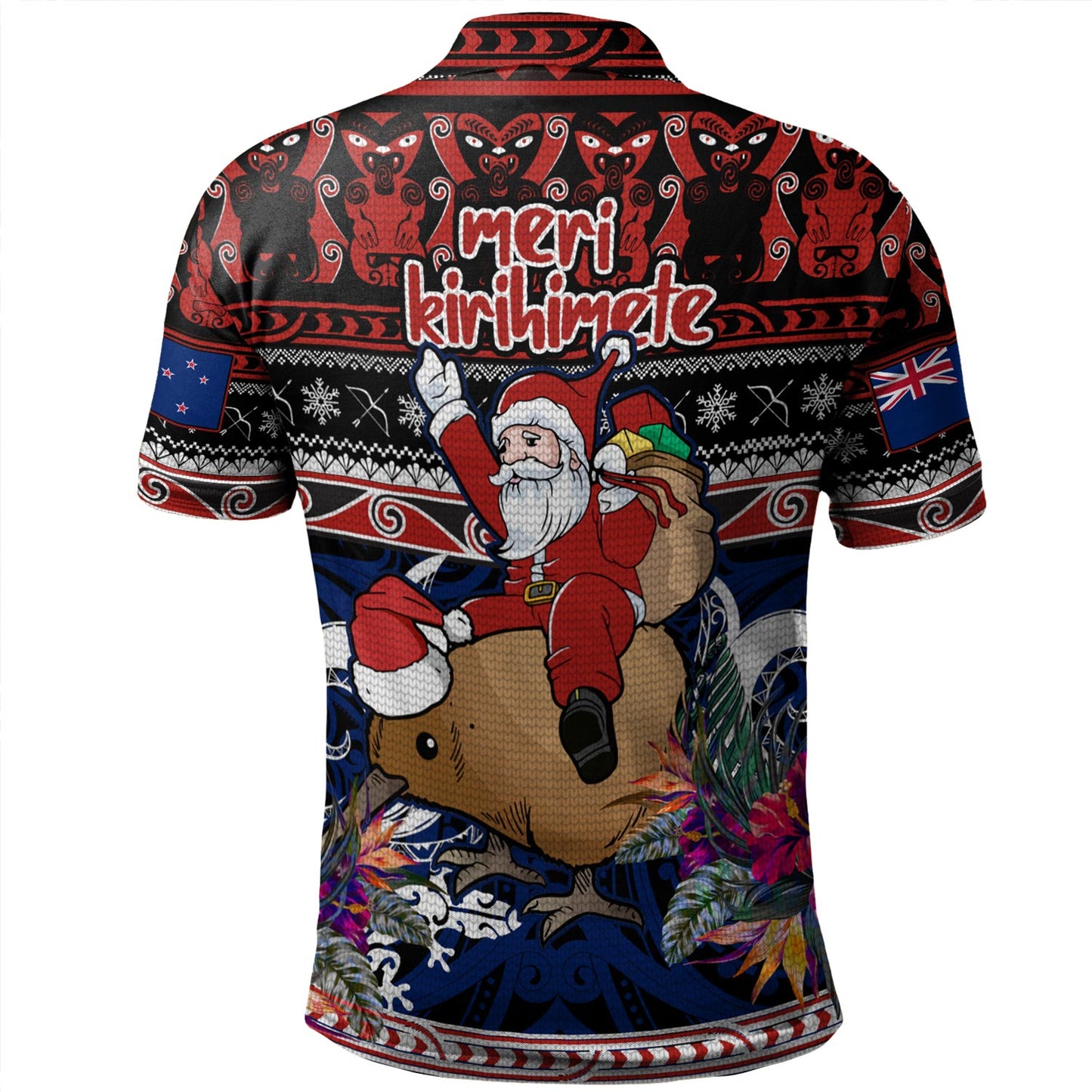 New Zealand Polo Shirt Santa Riding Kiwi Bird Meri Kirihimete Ugly Christmas Maori Patterns