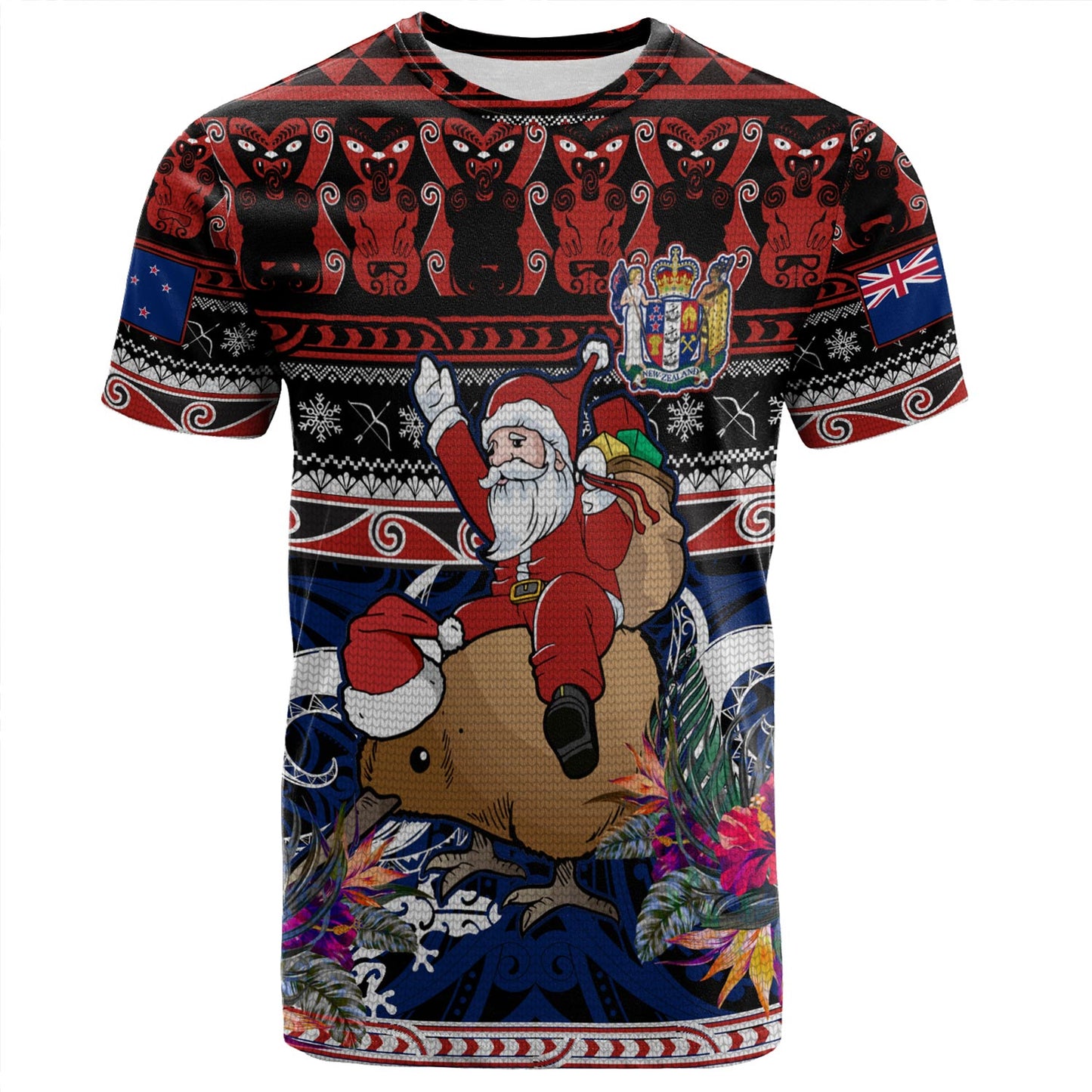 New Zealand T-Shirt Santa Riding Kiwi Bird Meri Kirihimete Ugly Christmas Maori Patterns