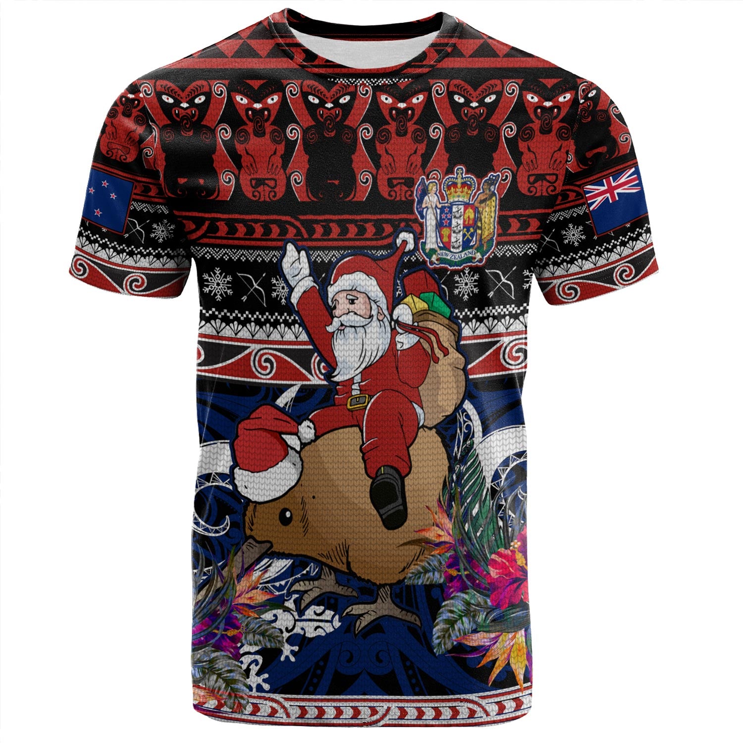 New Zealand T-Shirt Santa Riding Kiwi Bird Meri Kirihimete Ugly Christmas Maori Patterns