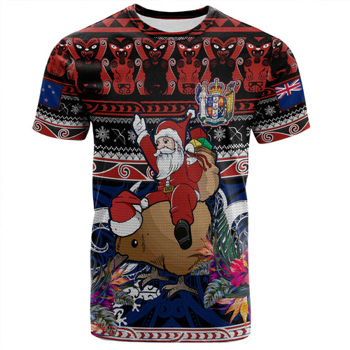 New Zealand T-Shirt Santa Riding Kiwi Bird Meri Kirihimete Ugly Christmas Maori Patterns