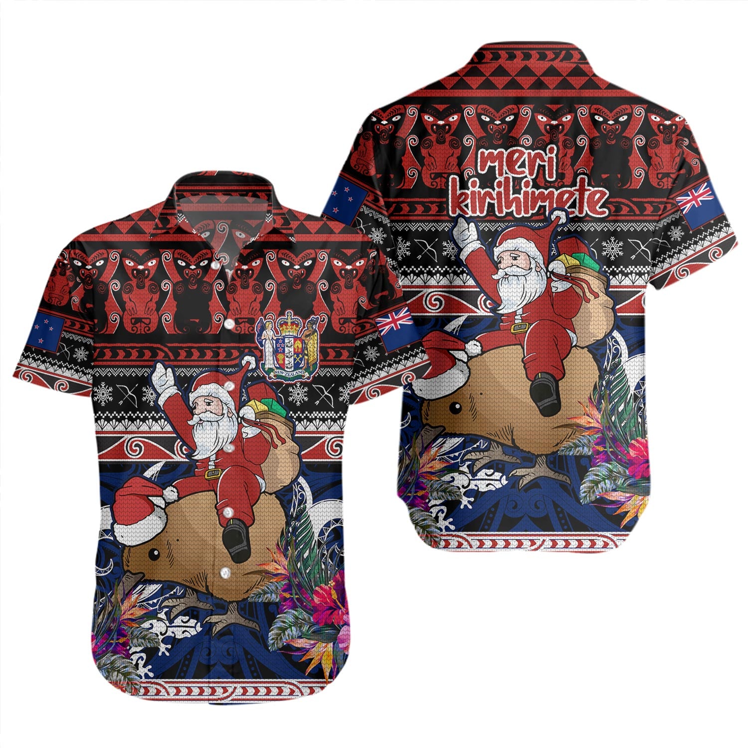 New Zealand Short Sleeve Shirt Santa Riding Kiwi Bird Meri Kirihimete Ugly Christmas Maori Patterns