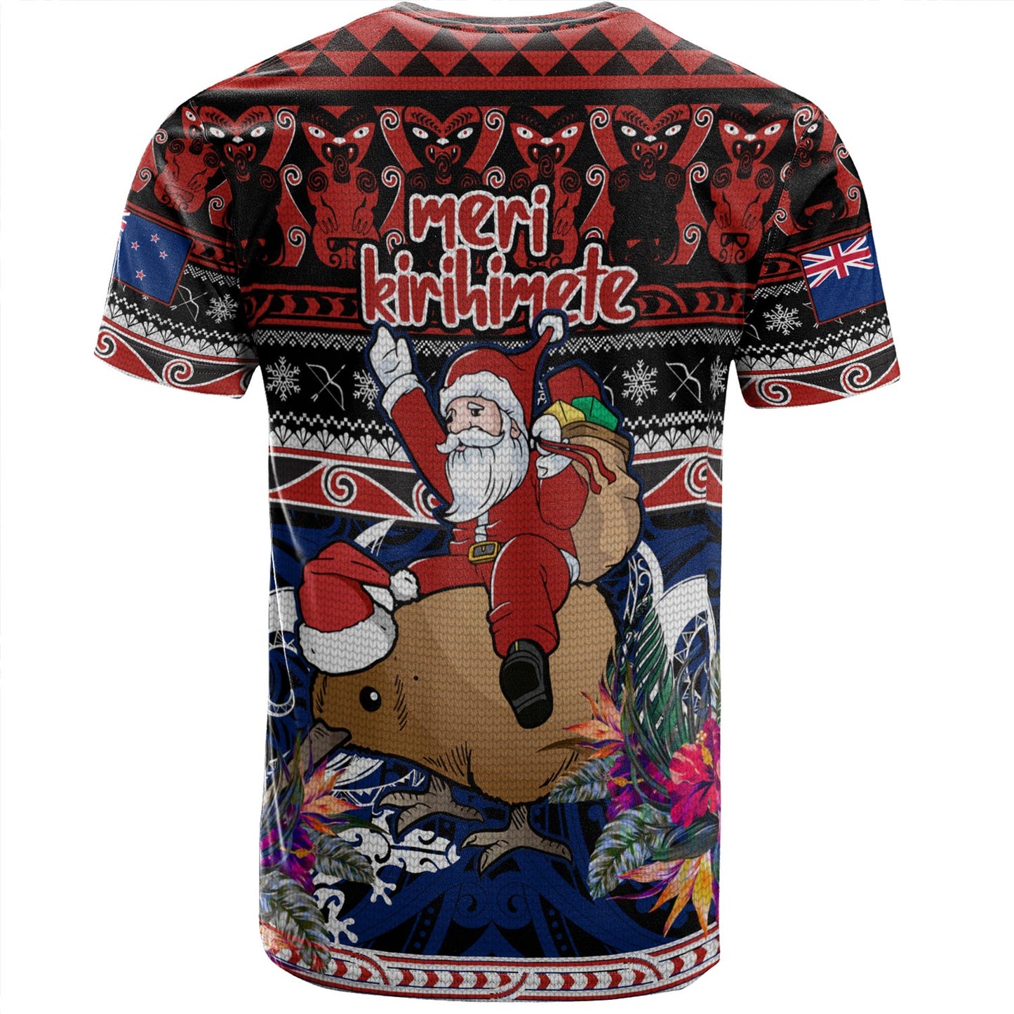 New Zealand T-Shirt Santa Riding Kiwi Bird Meri Kirihimete Ugly Christmas Maori Patterns