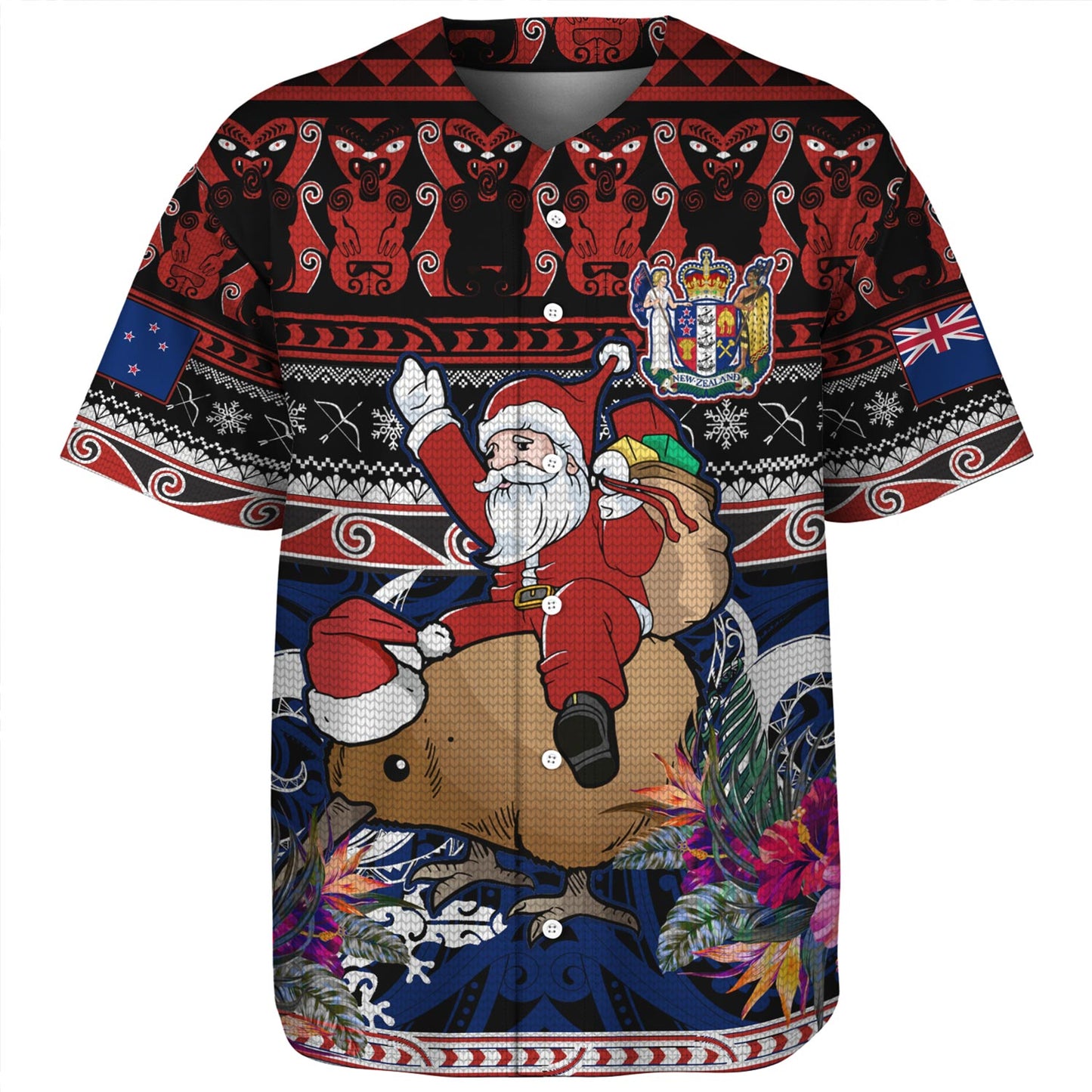New Zealand Baseball Shirt Santa Riding Kiwi Bird Meri Kirihimete Ugly Christmas Maori Patterns