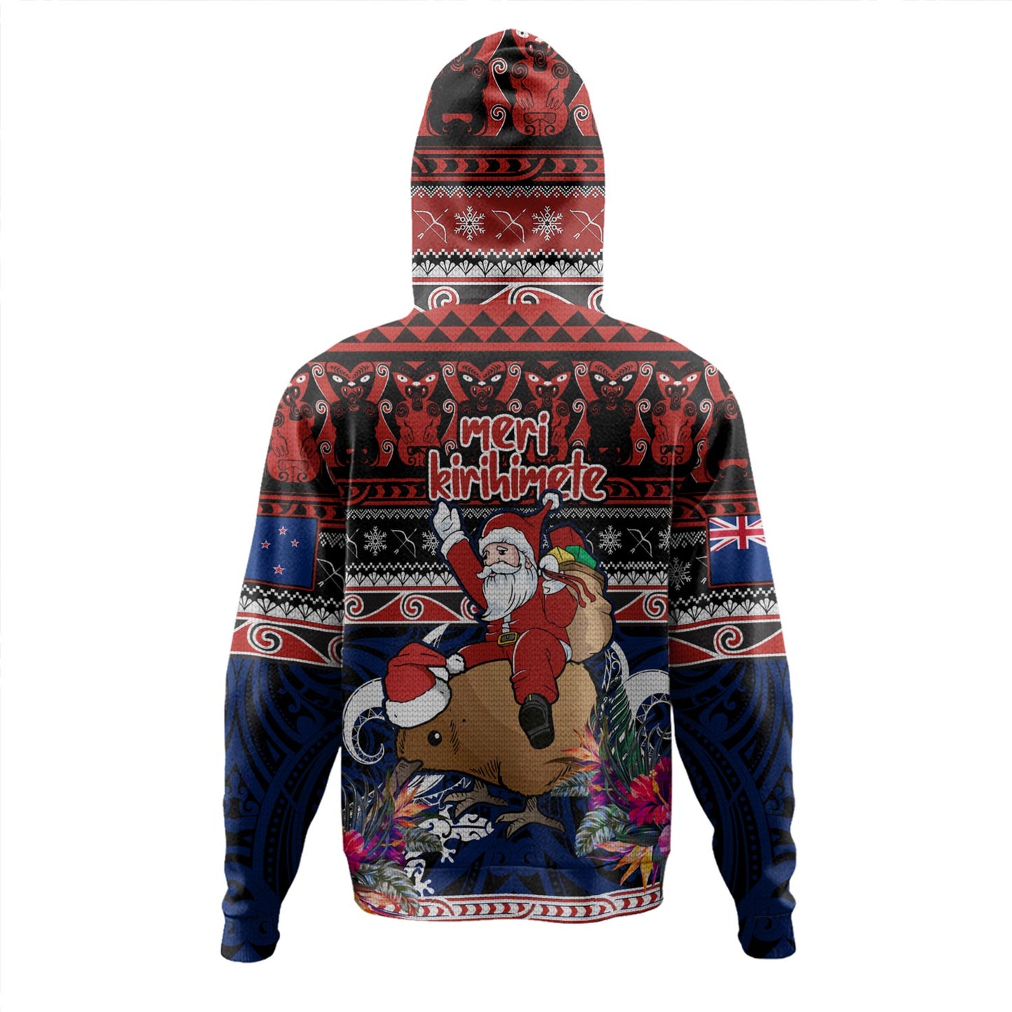 New Zealand Hoodie Santa Riding Kiwi Bird Meri Kirihimete Ugly Christmas Maori Patterns