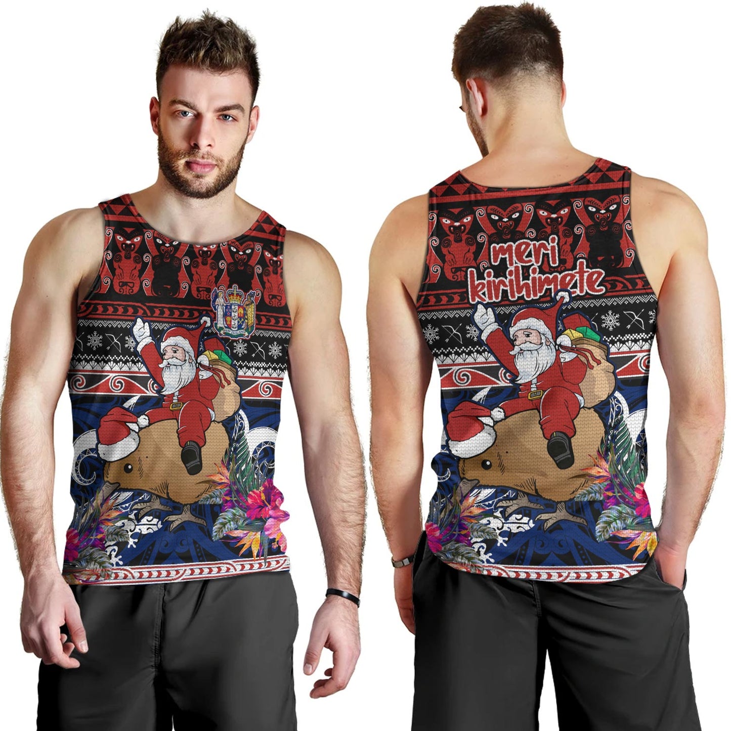 New Zealand Tank Top Santa Riding Kiwi Bird Meri Kirihimete Ugly Christmas Maori Patterns