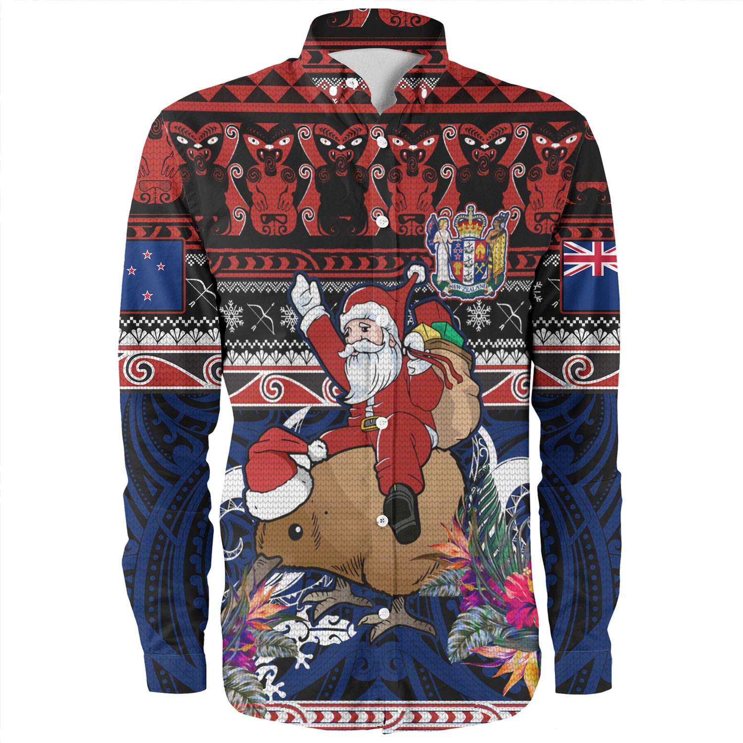 New Zealand Long Sleeve Shirt Santa Riding Kiwi Bird Meri Kirihimete Ugly Christmas Maori Patterns