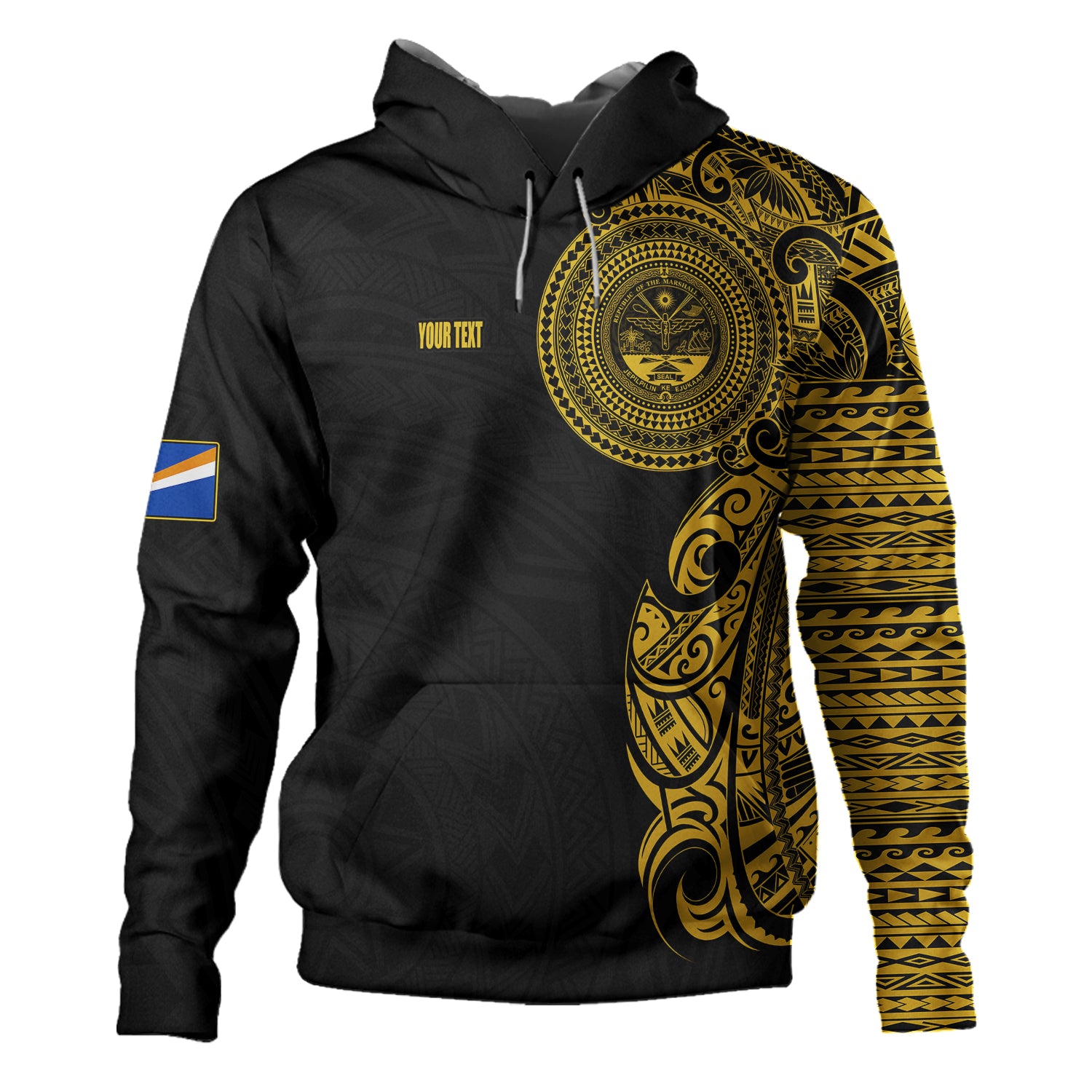 Marshall Islands Hoodie Custom Polynesian Half Sleeve Gold Tattoo With Seal Black
