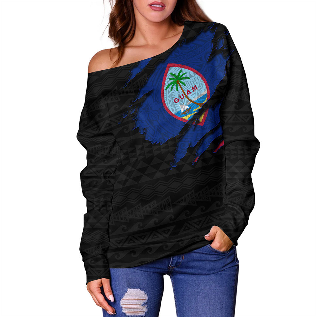 Guam Off Shoulder Sweatshirt Micronesian Tribal Crack Style